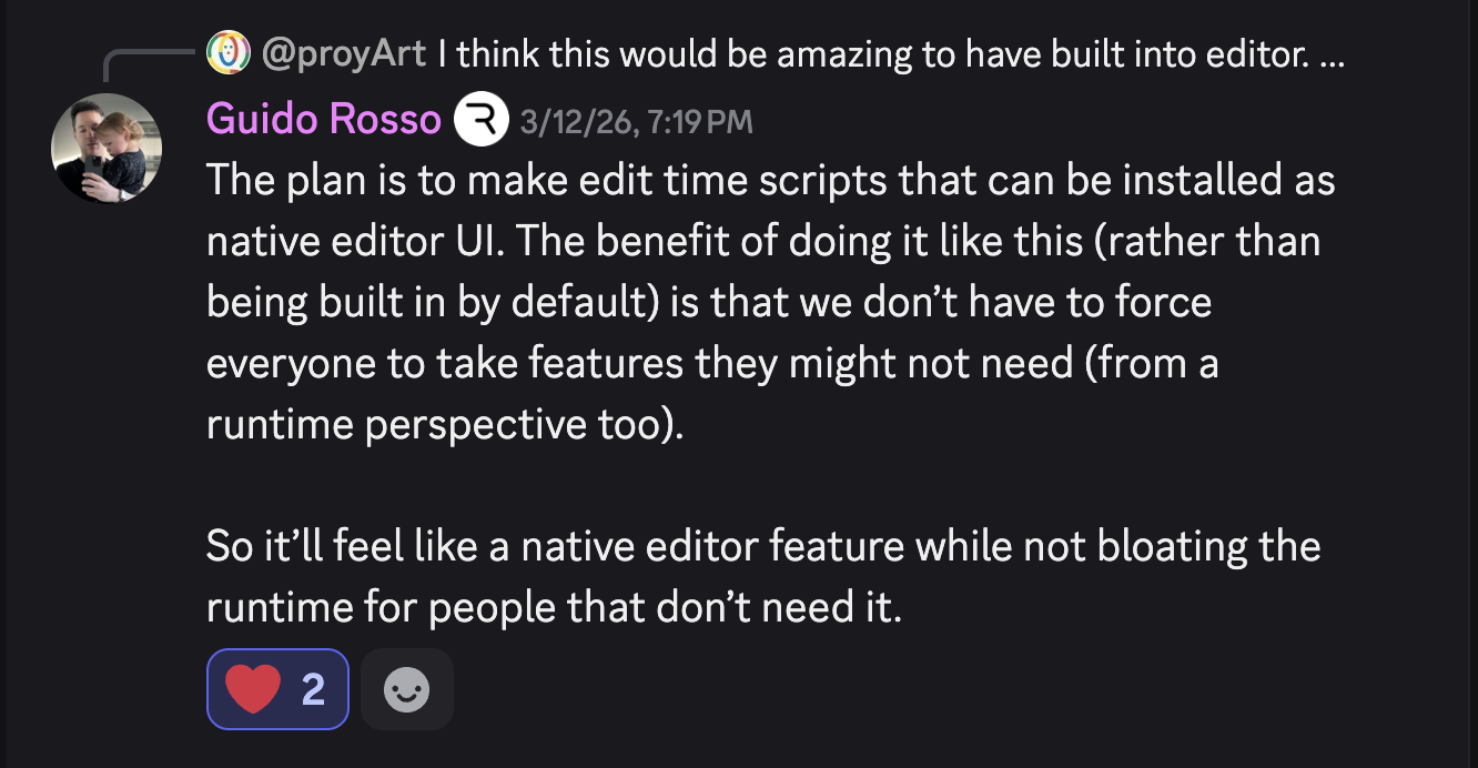 Guido Rosso Discord message about edit-time scripts in Rive.
